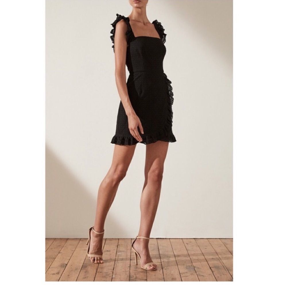 Shona Joy Black Ruffle Strap & Hem Mini Dress